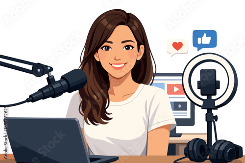 Modern vector portrait of friendly female content creator in modern media lifestyle.