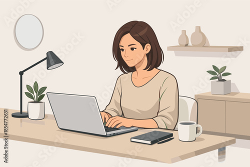 Modern vector illustration of woman working on laptop in calm minimalist home office.