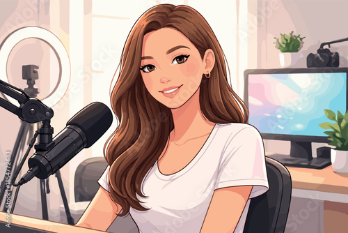 Modern vector portrait of friendly female content creator in modern media lifestyle.