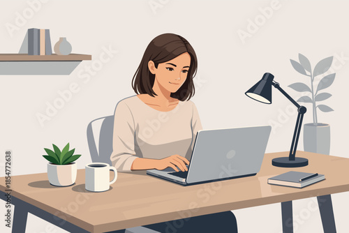Modern vector illustration of woman working on laptop in calm minimalist home office.
