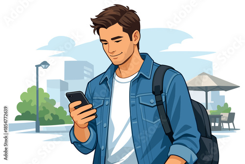 Modern vector illustration of man checking smartphone notifications in urban lifestyle concept.