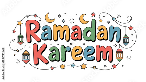 Ramadan Kareem Illustration: Festive and colorful illustration celebrating Ramadan Kareem, featuring traditional lanterns, crescent moons, and stars.
