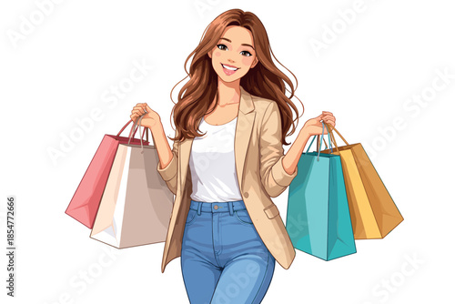 Modern vector illustration of smiling woman holding shopping bags consumer lifestyle concept.