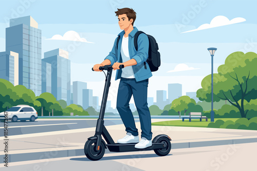 Modern vector illustration of young man riding electric scooter in urban environment.