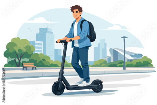 Modern vector illustration of young man riding electric scooter in urban environment.