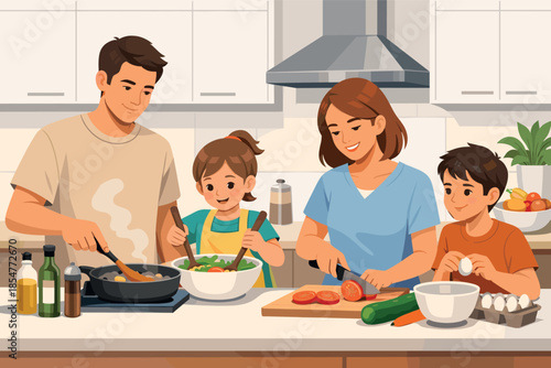 Modern vector illustration of family cooking together in warm everyday kitchen scene.