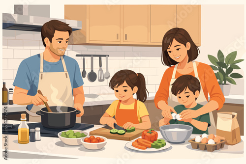 Modern vector illustration of family cooking together in warm everyday kitchen scene.