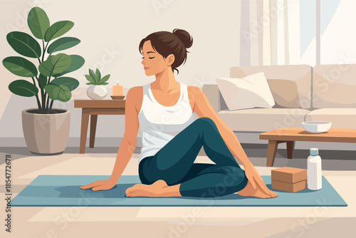 Modern vector illustration of woman practicing yoga at home wellness lifestyle concept.