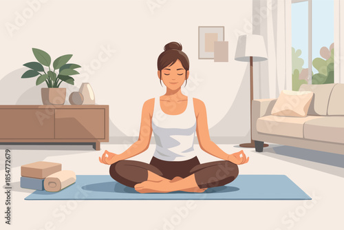 Modern vector illustration of woman practicing yoga at home wellness lifestyle concept.