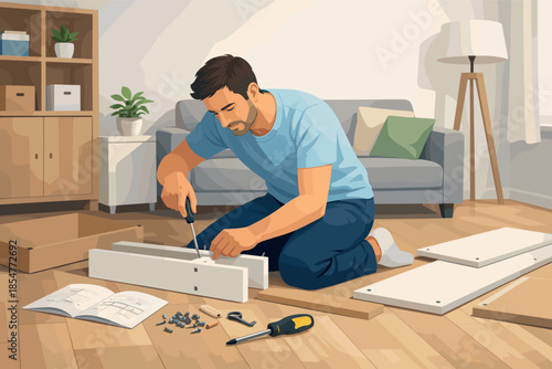 Modern vector illustration of man assembling flat pack furniture at home DIY concept.