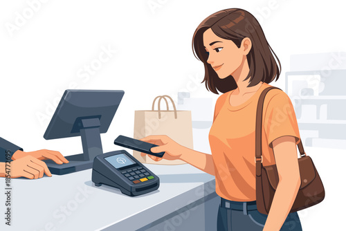 Modern vector illustration of woman paying with smartphone at checkout cashless concept.