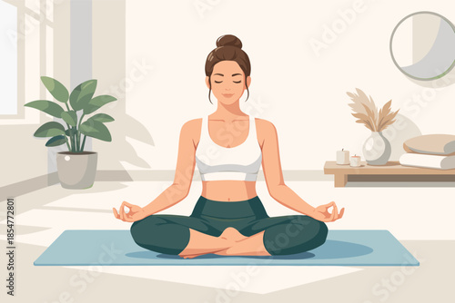 Modern vector illustration of woman practicing yoga wellness and balance concept.