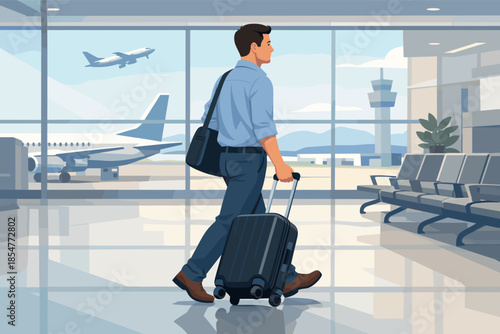 Modern vector illustration of man carrying suitcase inside airport terminal travel.