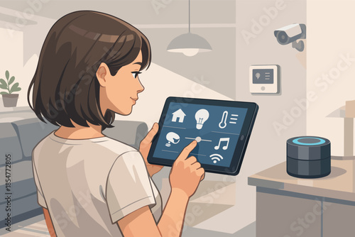 Modern vector illustration of woman controlling smart home system with tablet.