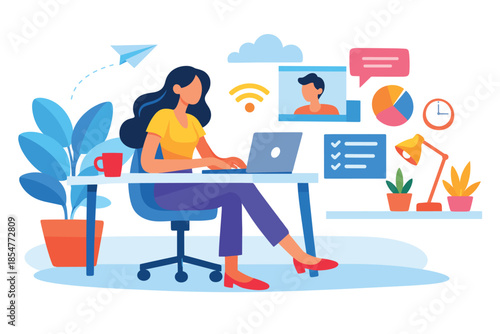 Corporate Memphis illustration of woman working remotely with laptop in digital workplace.
