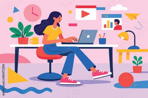 Corporate Memphis illustration of woman working remotely with laptop in digital workplace.