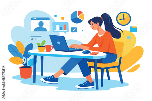 Corporate Memphis illustration of woman working remotely with laptop in digital workplace.