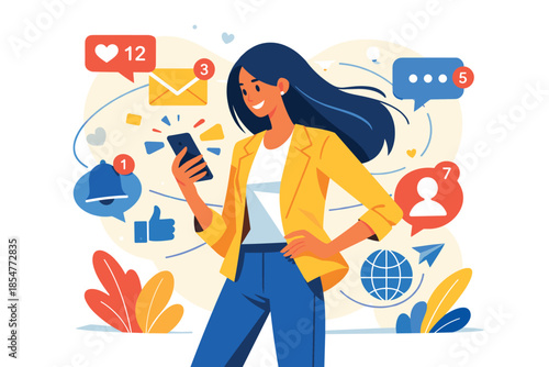 Corporate Memphis illustration of woman checking smartphone notifications digital communication concept.