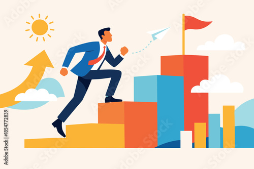 Corporate Memphis illustration of man climbing abstract steps career growth concept.