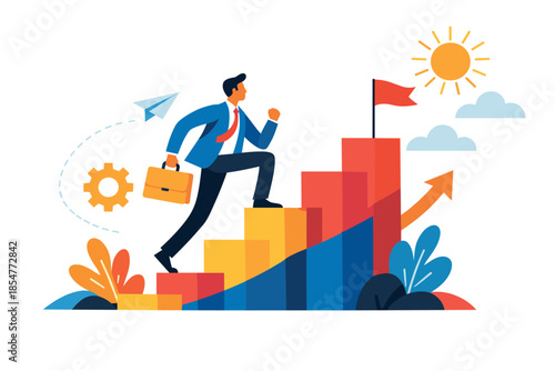 Corporate Memphis illustration of man climbing abstract steps career growth concept.