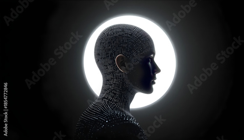 Futuristic Cybernetic Female Profile with Glowing Halo on Black Background