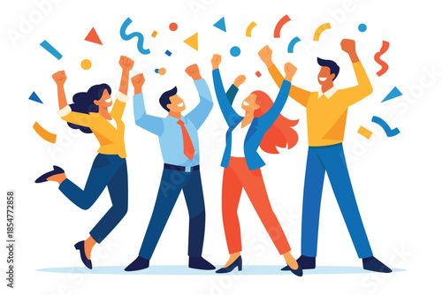 Corporate Memphis illustration of people celebrating success with raised arms.