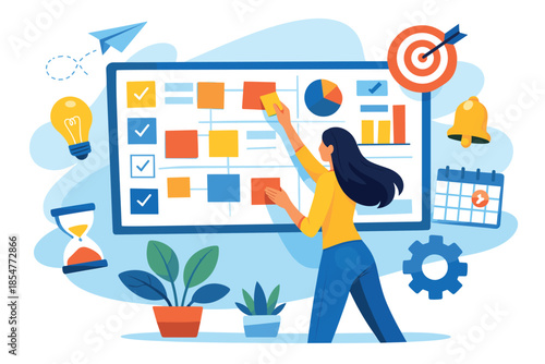 Corporate Memphis illustration of woman organizing tasks on digital planning board.