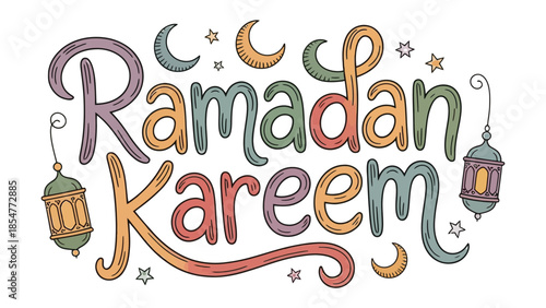 Ramadan Kareem: A vibrant and colorful illustration conveys the spirit of Ramadan, decorated with crescent moons, stars, and lanterns, creating a sense of joy and anticipation.