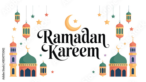 Ramadan Kareem: Illustrative representation of the blessed month of Ramadan with elegant calligraphy and festive decorations. The image evokes a sense of spiritual reflection and community spirit.