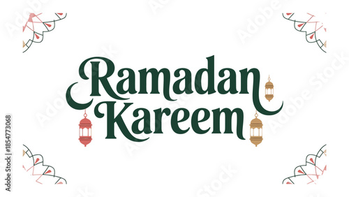 Ramadan Kareem: A festive and elegant calligraphic design, featuring the words Ramadan Kareem in a graceful script, complemented by traditional lanterns and delicate corner ornaments.