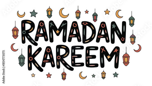 Ramadan Kareem: A festive and colorful illustration celebrating Ramadan Kareem, featuring the elegant phrase Ramadan Kareem with artistic lanterns and crescent moons.