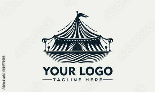 A vector illustration of a circus tent logo with a customizable tagline and space for a company logo on a plain background.