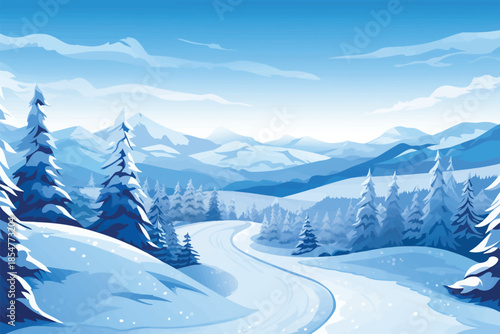 Top aerial view of winter mountains with road serpent isolated vector style illustration