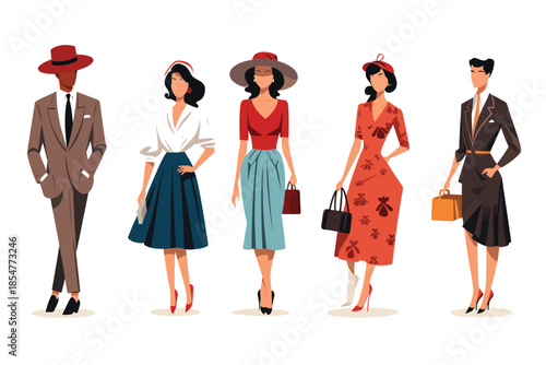 Vibrant 50s Fashion Models Colorful Outfits and Backg isolated vector style illustration