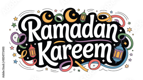 Ramadan Kareem Illustration: Festive and colorful illustration to celebrate Ramadan Kareem. Featuring the words Ramadan Kareem with Islamic symbols
