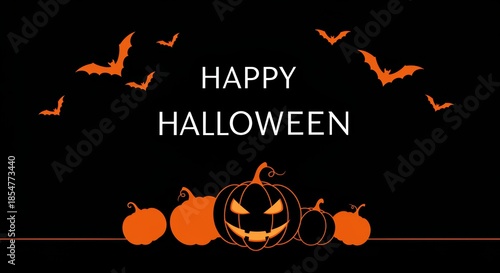 Spooky Halloween Gathering: Festive Halloween arrangement with grinning jack-o'-lanterns, silhouetted bats, and Happy Halloween message, creating an ambiance of spooky celebration.