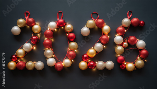 New year number 2026 by Christmas decoration on a dark background