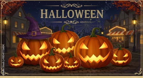 Enchanting Halloween Scene: A captivating illustration featuring intricately carved jack-o'-lanterns illuminated by a warm, inviting glow.