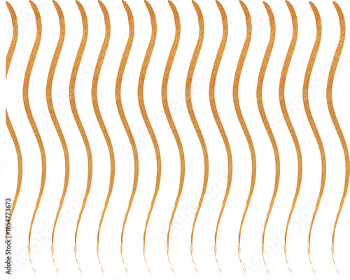 A captivating display of twelve gracefully painted golden wavy lines, each meticulously crafted to flow in harmonious vertical alignment against a pristine white background, creating an elegant and