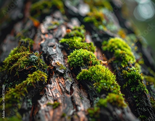 Moss covered tree trunk close up