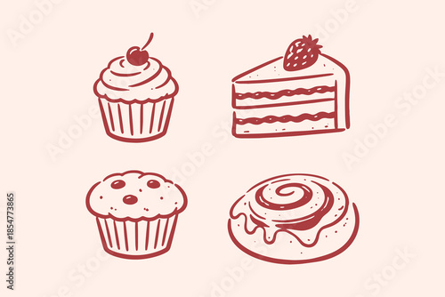 Dessert cakes and cupcakes doodle set vector illustration