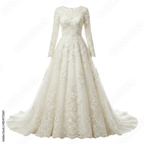 Fotografie Luxurious long sleeve lace bridal gown on transparent background