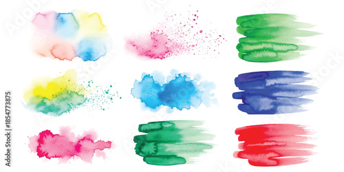 A vibrant collection of diverse watercolor brush strokes, splatters, and abstract splotches