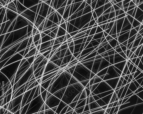 Abstract white curved lines black background network dynamic motion intricate pattern light trails modern graphic design element creative artistic illustration