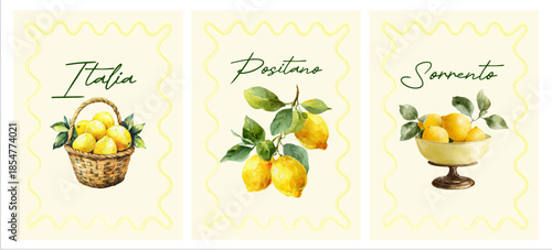 Italian summer poster set with watercolor lemons, citrus baskets, and Mediterranean vases. Vintage Amalfi coast illustrations perfect for postcards and prints.