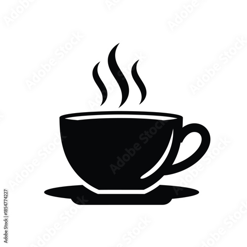 a simple black and white illustration depicts a steaming cup of coffee on a saucer representing warmth and a comforting beverage