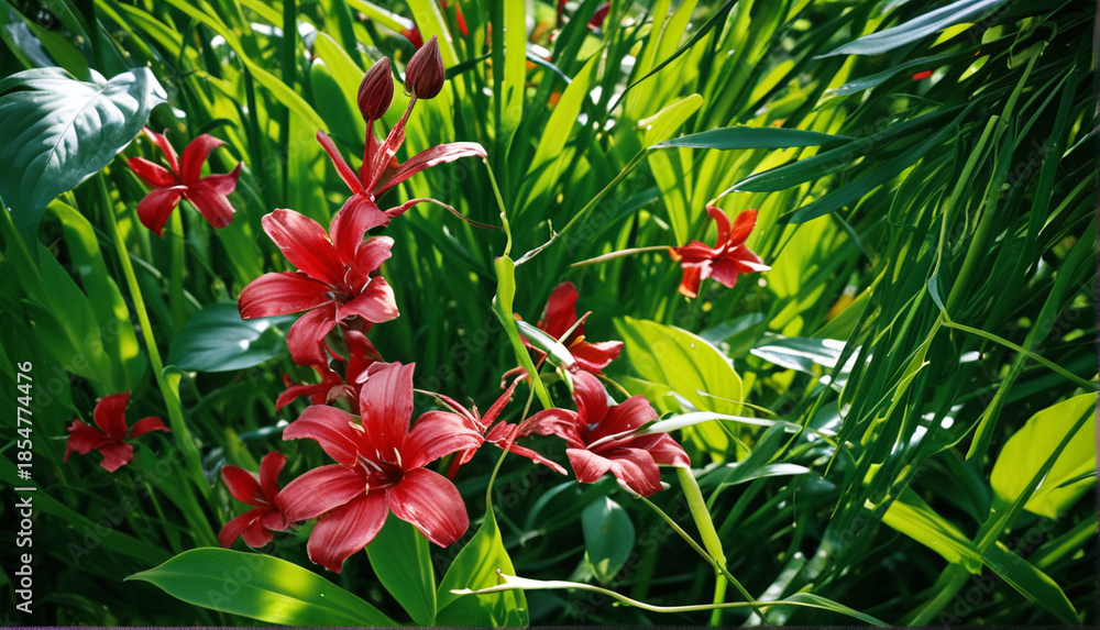 Obraz premium Vibrant close-up of exotic red flowers in lush green foliage with dappled sunlight and high detail
