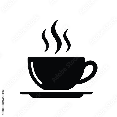 a simple black and white illustration depicting a steaming cup of coffee or tea on a saucer high quality professional