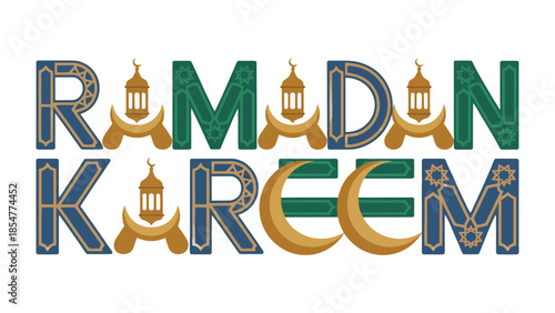 Ramadan Kareem Illustration: A festive and artful arrangement features the words Ramadan Kareem in a beautifully designed typography, accented with traditional motifs. A celebration of faith.
