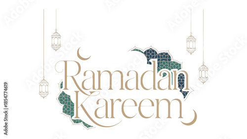 Ramadan Kareem Design: A beautiful design composed of elegant calligraphy with crescent moon, intricate patterns and decorative lanterns, conveying the spirit of Ramadan.